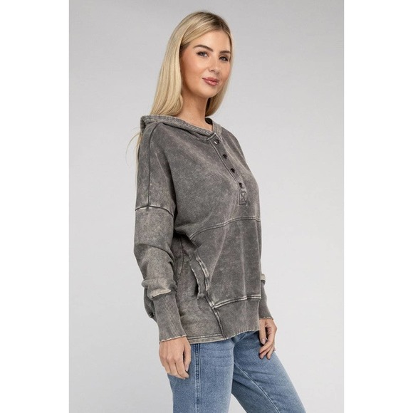 ZENANA French Terry Acid Wash Kangaroo Pocket Hoodie Sweatshirt in Mocha Grey - Picture 4 of 9
